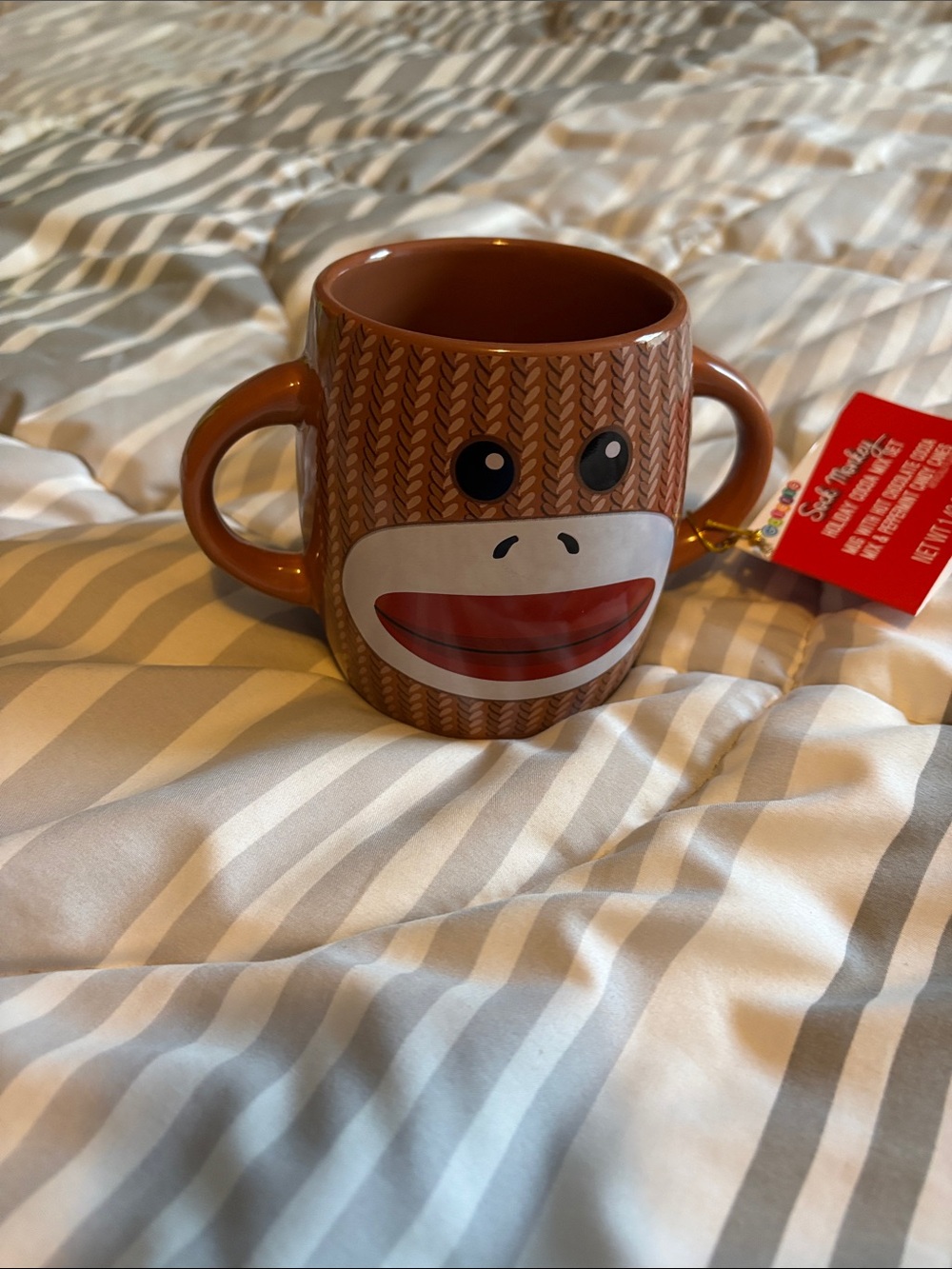 Brown Novelty Sock Monkey Ceramic Mug with Dual Handles